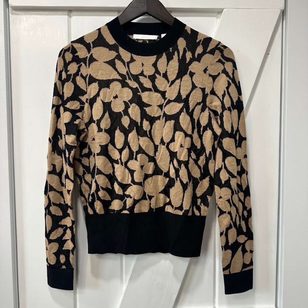 BOSS Womens Sweater Tan Black Floral Leaf Crew Neck Long Sleeve Knit Pullover